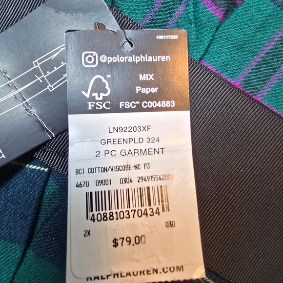 New Lauren Ralph Lauren Womens 2X Flannel Pajama Plaid Plus Green Tartan Winter - Picture 7 of 9